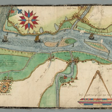 Gekleurde manuscriptkaart van M. Jansz. Been uit 1615 met onder andere Alblasserdam, Papendrecht en Krimpen aan de Lek. Duidelijk is het stratenpatroon uit die tijd zichtbaar en de plaats van de kerken. 