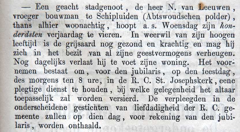 Foto van de krant de Delftsche Courant van zondag 6 mei 1877, waarin te lezen is dat Nicolaas van Leeuwen op woensdag 9 mei 1877 zijn 100ste verjaardag zal vieren in St.-Josephskerk (oftewel St.-Jozefkerk) te Delft.
