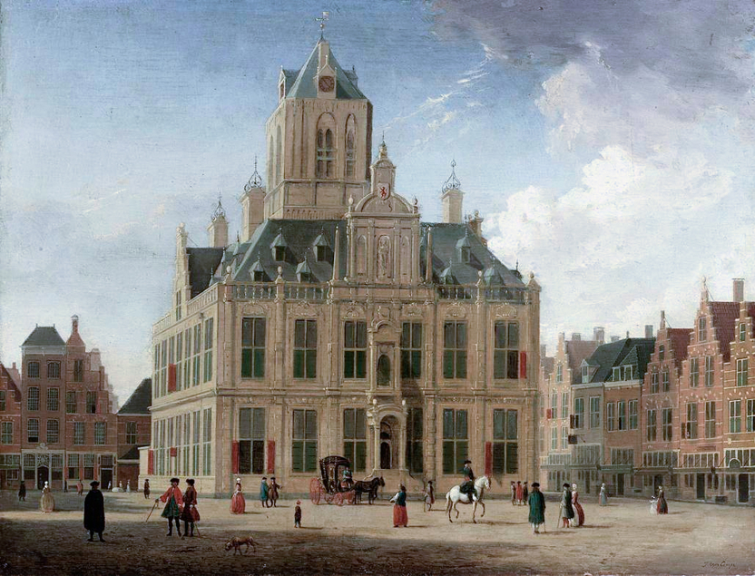 Stadhuis van Delft omstreeks 1750, geschilderd door Jan ten Compe. (Particuliere collectie)