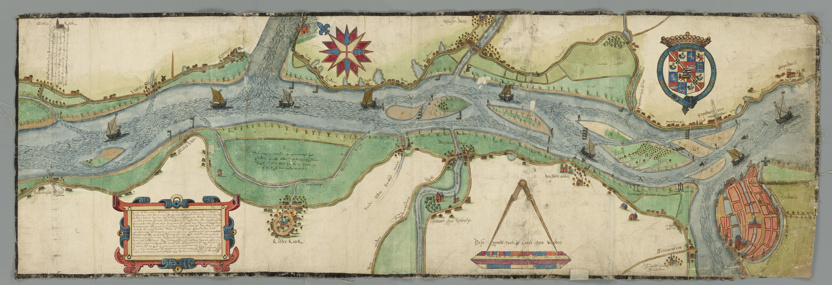 Gekleurde manuscriptkaart van M. Jansz. Been uit 1615 met onder andere Alblasserdam, Papendrecht en Krimpen aan de Lek. Duidelijk is het stratenpatroon uit die tijd zichtbaar en de plaats van de kerken. 