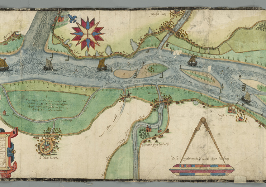 Gekleurde manuscriptkaart van M. Jansz. Been uit 1615 met onder andere Alblasserdam, Papendrecht en Krimpen aan de Lek. Duidelijk is het stratenpatroon uit die tijd zichtbaar en de plaats van de kerken. 