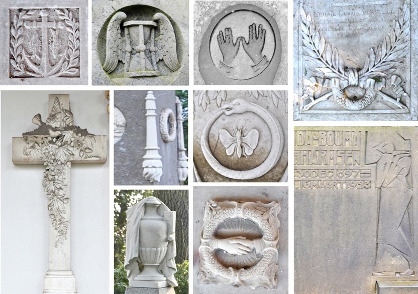 Voorbeelden symboliek: Boven (links naar rechts): anker (hoop), vissen (verwijzen naar Christus als visser van mensen) en lauwertakken (onvergankelijkheid); gevleugelde zandloper (de snel vervliegende tijd ); handen van een kohen (joodse symboliek voor een priester); eikelkrans (onvergankelijkheid) met palmtakken (overwinning over de dood). Links: kruis (geloof en verzoening, komt vooral voor op katholieke begraafplaatsen) met reliëf van passiebloemen (lijden van Christus) en duif (liefde, verzoening). 