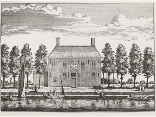 De voormalige droogmakerij-buitenplaats Uytermeer als ets opgenomen in Rynlands Fraaiste Gezichten. De ets is gemaakt door Abraham Rademaker (1675-1753). Bron: Erfgoed Leiden.