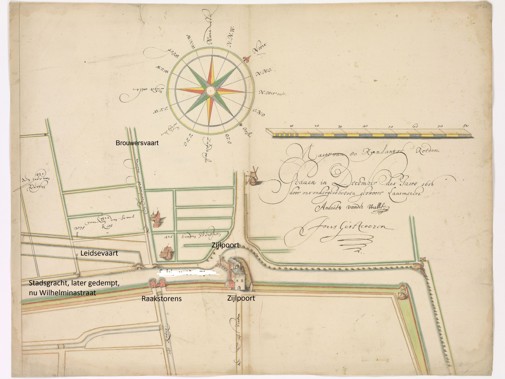 Kaartje van de aanleg van de trekvaart (1657): bij de Raaksbrug en de Haarlemse Zijlpoort (Erfgoed Leiden en Omstreken).