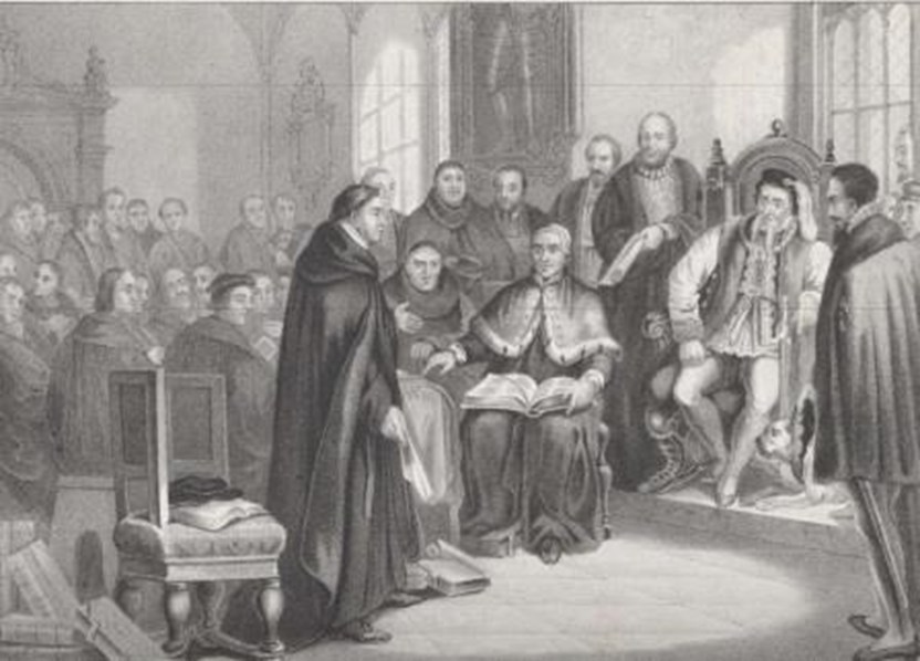Luther verdedigt zijn stellingen in Leipzig. Anonieme lithografie uit de periode 1814-1845 (Collectie Rijksmuseum)