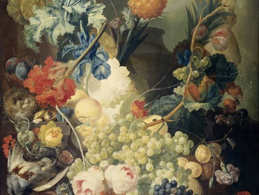 Stilleven met bloemen, vruchten en gevogelte