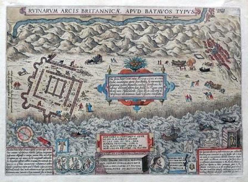 Prent uit 1581 van Ortelius met daarop afgebeeld de raadselachtige Brittenburg. Het fort, waarvan de muurresten in de 16de en 17de eeuw voor de kust van Katwijk te zien waren, heeft nooit al zijn geheimen prijsgegeven. Uit de gegevens die toen zijn verzameld, is echter wel af te leiden dat er binnen die muren een groot graanpakhuis stond. Het wordt in verband gebracht met vierde-eeuwse graantransporten uit Engeland, bestemd voor de door oorlog geteisterde noordelijke provincies van het Romeinse rijk.   