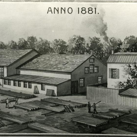 Tekening van het bedrijfscomplex aan de Arkelsedijk anno 1881. (Foto: Regionaal Archief Gorinchem)