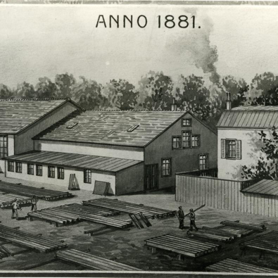 Tekening van het bedrijfscomplex aan de Arkelsedijk anno 1881. (Foto: Regionaal Archief Gorinchem)