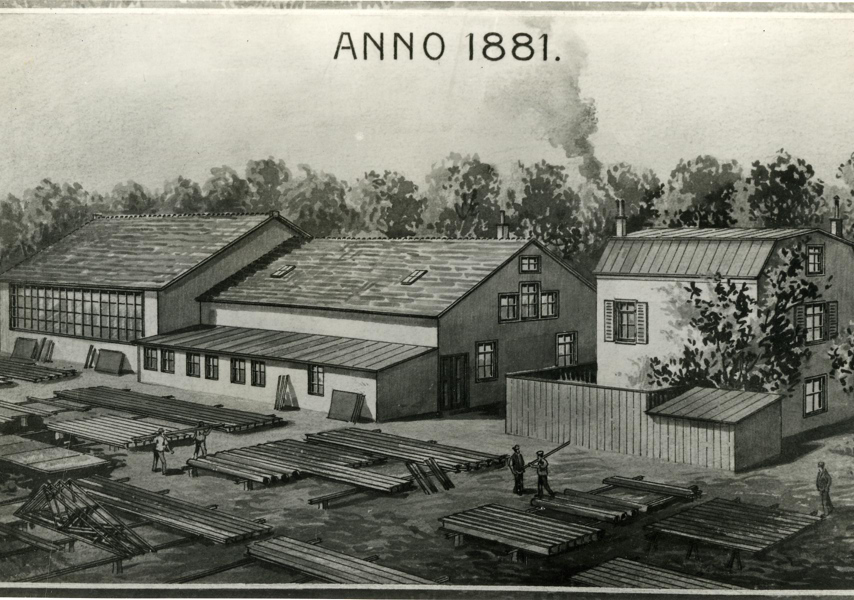 Tekening van het bedrijfscomplex aan de Arkelsedijk anno 1881. (Foto: Regionaal Archief Gorinchem)