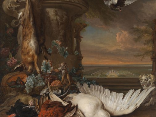 Stilleven met o.a. meloen, Rijksdorp op de achtergrond. Jan Weenix, Rijksmuseum.