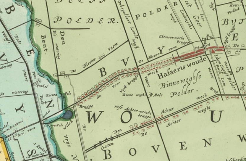 Hazerswoude en omgeving, detail van een kaart uit 1687 die in opdracht van het Hoogheemraadschap van Rijnland werd gemaakt. (Collectie Nationaal Archief)