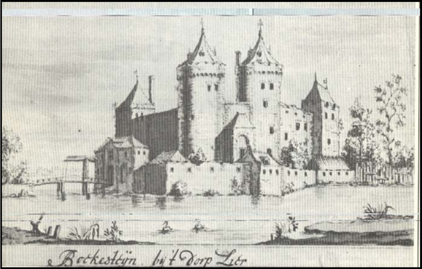 Tekening van A. Schoenmaker van rond 1730 met het onderschrift “Boekesteijn bij ‘t Dorp Lier”. De tekening berust op fantasie