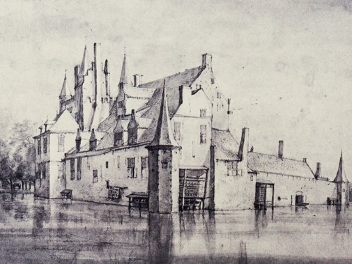 Prent van de burcht met op de voorgrond het torentje dat inmiddels is gereconstrueerd.