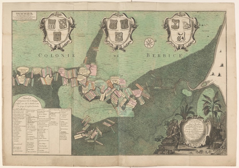 Naauekeurige Plattegrond van den Staat en den Loop van Rio de Berbice. Met derzelver Plantagien in de Geoctroyeerde colonie de Berbice gelegen, Jan Daniël Knapp, 1742, Rijksmuseum Amsterdam