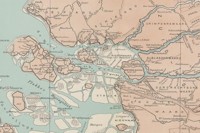 Fragment van een kaart van Zuid Holland in 1421, vlak voor de Elisabethsvloed. Bron: Schoolatlas van de geheele aarde (1927)