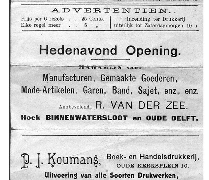 Advertentie van de winkel in manufacturen, Kerkblad Hervormde Gemeente Delft, september 1913.