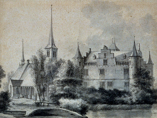 Kasteel IJsselmonde en kerk naar 17e eeuwse tekening (Rijksdienst voor het Cultureel Erfgoed)