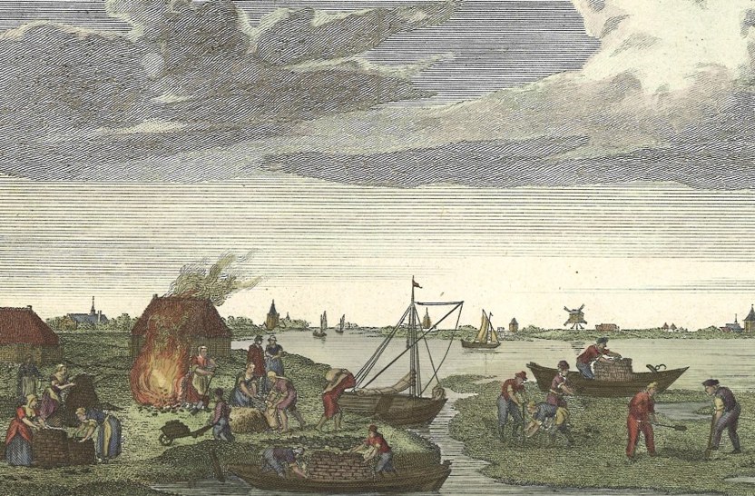 De zel-neering of het darinkdelven, zooals het oudtijds in Zeeland geoefend werdt uit: Jan Wagenaar, Vaderlandsche historiën, 1749. Gravure naar een schilderij aanwezig in Zierikzee.