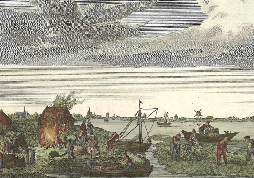 De zel-neering of het darinkdelven, zooals het oudtijds in Zeeland geoefend werdt uit: Jan Wagenaar, Vaderlandsche historiën, 1749. Gravure naar een schilderij aanwezig in Zierikzee.