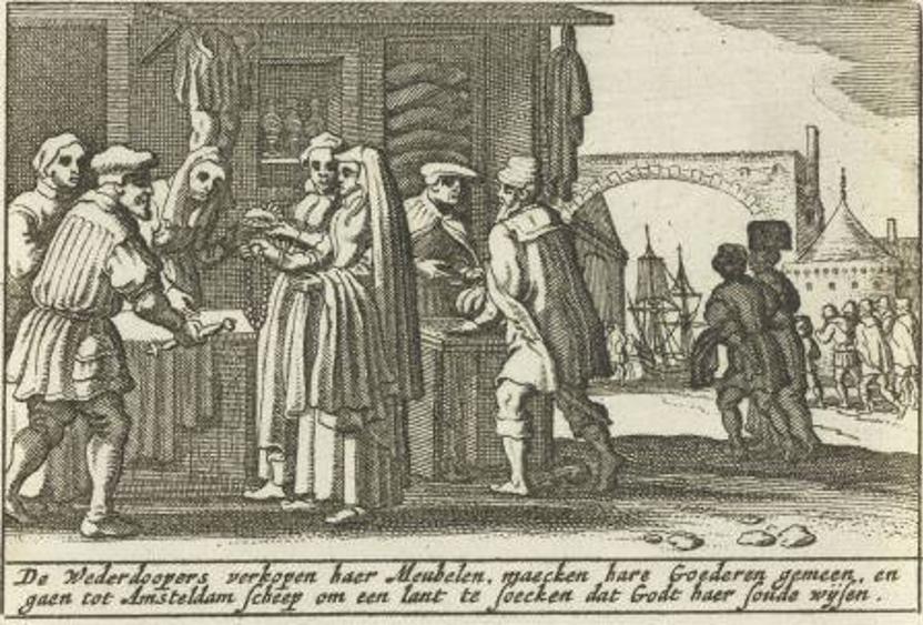 Verkoop van bezit en uittocht naar Münster. 17e-eeuwse prent van Pieter Hendricksz Schut (Collectie Rijksmuseum). Naar schatting gaven enkele duizenden personen gehoor aan boodschap om af te reizen.