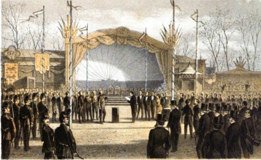 De eerste steen van De Zeenymph wordt gelegd op 1 april 1872 in Brielle (Lithografie van Tresling & Co Hof (Amsterdam) in W.J. Hofdijk - "Brielles gedenkdag op Nêerlands derde jubilee"