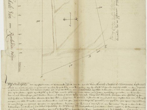 Kaart van het Land Constantia, zoo als het in 1665, den Heer Simon van der Stel in eigendom is verleend, en by hermeting is bevonden, Kaye Jesse Slotsboo Kapit-Luit. Evert Walraven Cocius Ingen. en gezw. Landmeter, 1717, Nationaal Archief Den Haag