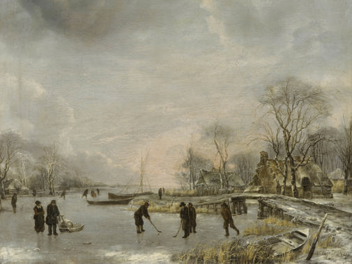 Schilderij met winterlandschap en kolfspelers op het ijs