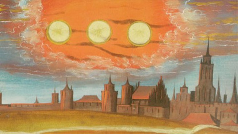Wonderteken boven de stad Münster in het jaar 1534  (Augsburger Wunderzeichenbuch, 1550). Vanaf februari 1534 tot juni 1535 hadden wederdopers onder leiding van Jan Beukelsz van Leiden (Koning Jan) het voor het zeggen in Münster. 
