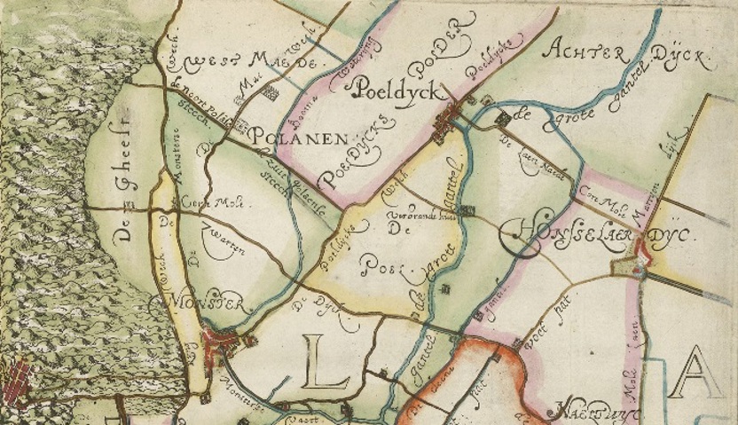 Poeldijk en omgeving, detail uit het Kaartboek van de hoogheemraadschappen van Rijnland, Delfland, Schieland (1611) door Floris Balthasar (Collectie Nationaal Archief)