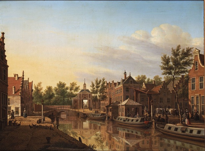 Leiden, met op de achtergrond de Marepoort. Vanaf hier vertrokken de trekschuiten naar Haarlem via de Haarlemmertrekvaart. Schilderij van Paulus la Fargue uit 1778 (Stedelijk Museum De Lakenhal, Leiden)