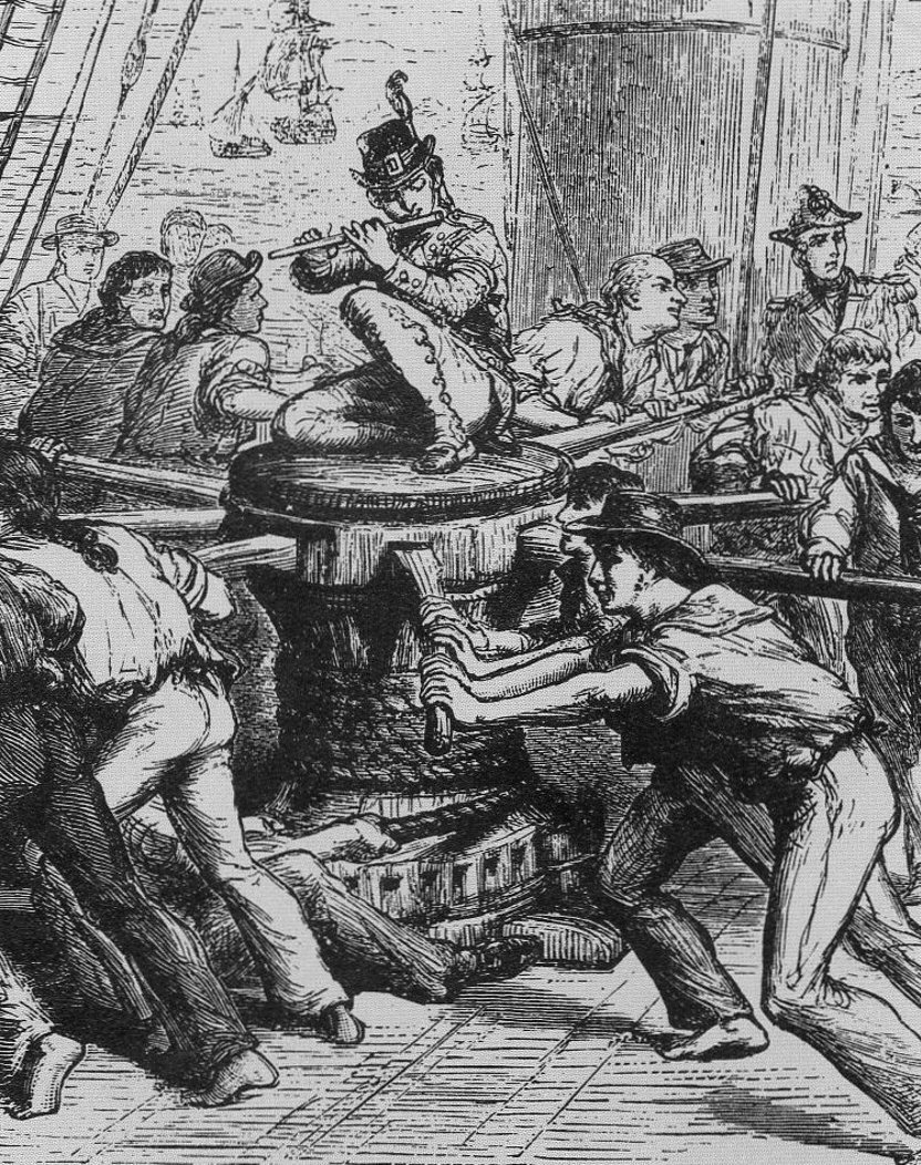 Zeelui duwend aan de spaken van een kaapstander terwijl de shantyman, de fluitspeler, een deuntje speelt om het ritme aan te geven, ca. 1850. (WikimediaCommons)