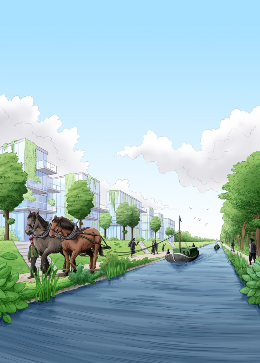 Afb. 5: Impressie van de voorgestelde Klimaatschuit op de nieuwe verbinding tussen het Bentmeer en de Oude Rijn (© Studio Stephan Timmers)