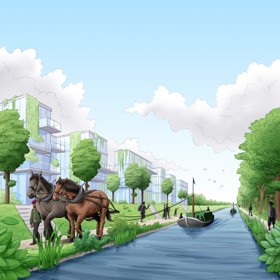 Afb. 5: Impressie van de voorgestelde Klimaatschuit op de nieuwe verbinding tussen het Bentmeer en de Oude Rijn (© Studio Stephan Timmers)