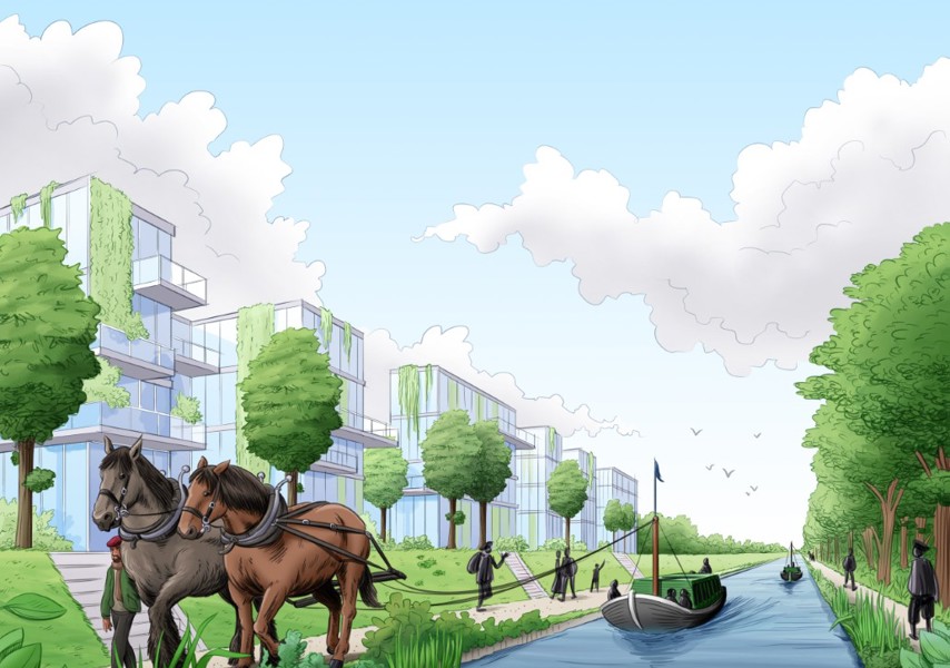 Afb. 5: Impressie van de voorgestelde Klimaatschuit op de nieuwe verbinding tussen het Bentmeer en de Oude Rijn (© Studio Stephan Timmers)