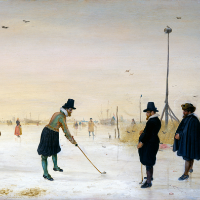 Schilderij met kolfspelers op ijs