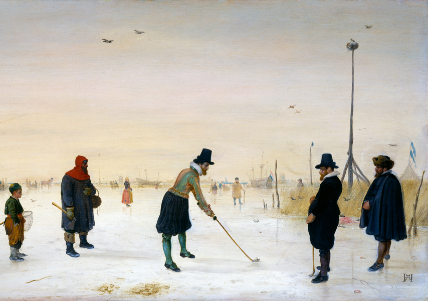 Schilderij met kolfspelers op ijs