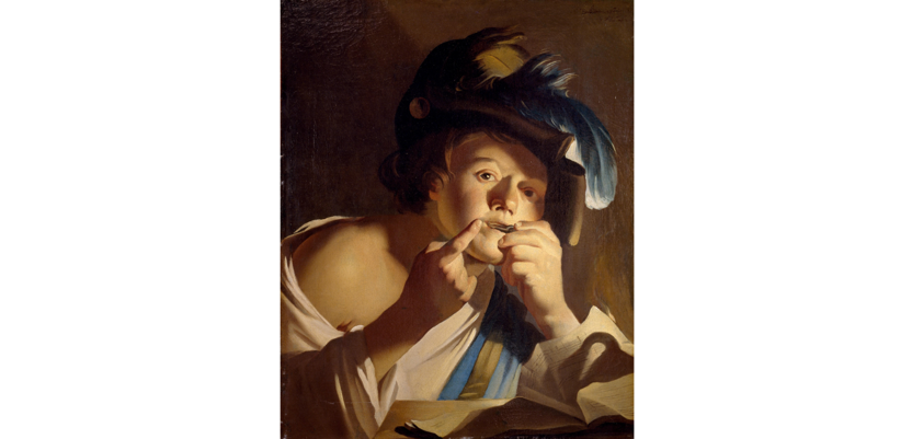 Een jongen bespeelt een mondharp. Schilderij uit 1621 van Dirck van Baburen (bron: Centraal Museum)