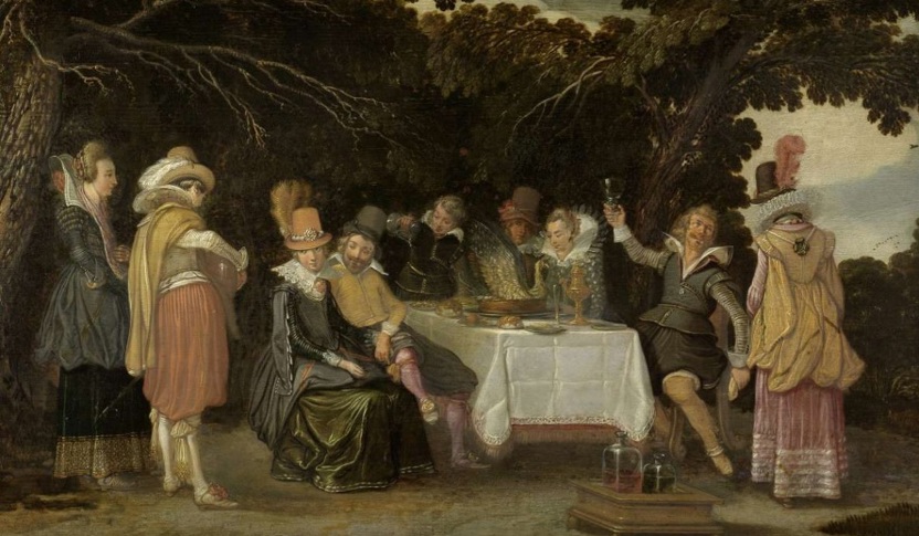 Voornaam gezelschap, dinerend in de buitenlucht, door Esaias van de Velde