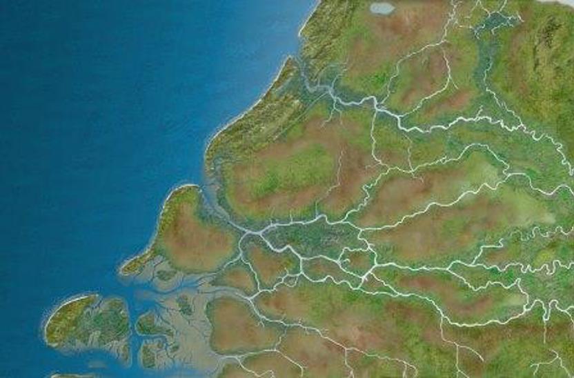 Zuid-Holland zoals dat er in de Vroege Middeleeuwen vanuit de lucht kan hebben uitgezien. Bewoning is op deze gereconstrueerde ‘satellietfoto’ niet aangegeven; die zou ook te klein zijn geweest om op deze schaal te kunnen worden weergegeven. Er woonden in de zesde en zevende eeuw wél mensen; in de duinstrook tussen de Maas-en Rijnmond en aan de benedenloop van de Rijn. Het mondingsgebied van de Maas raakte pas in een latere fase bevolkt. (Afbeelding: Olav Odé)