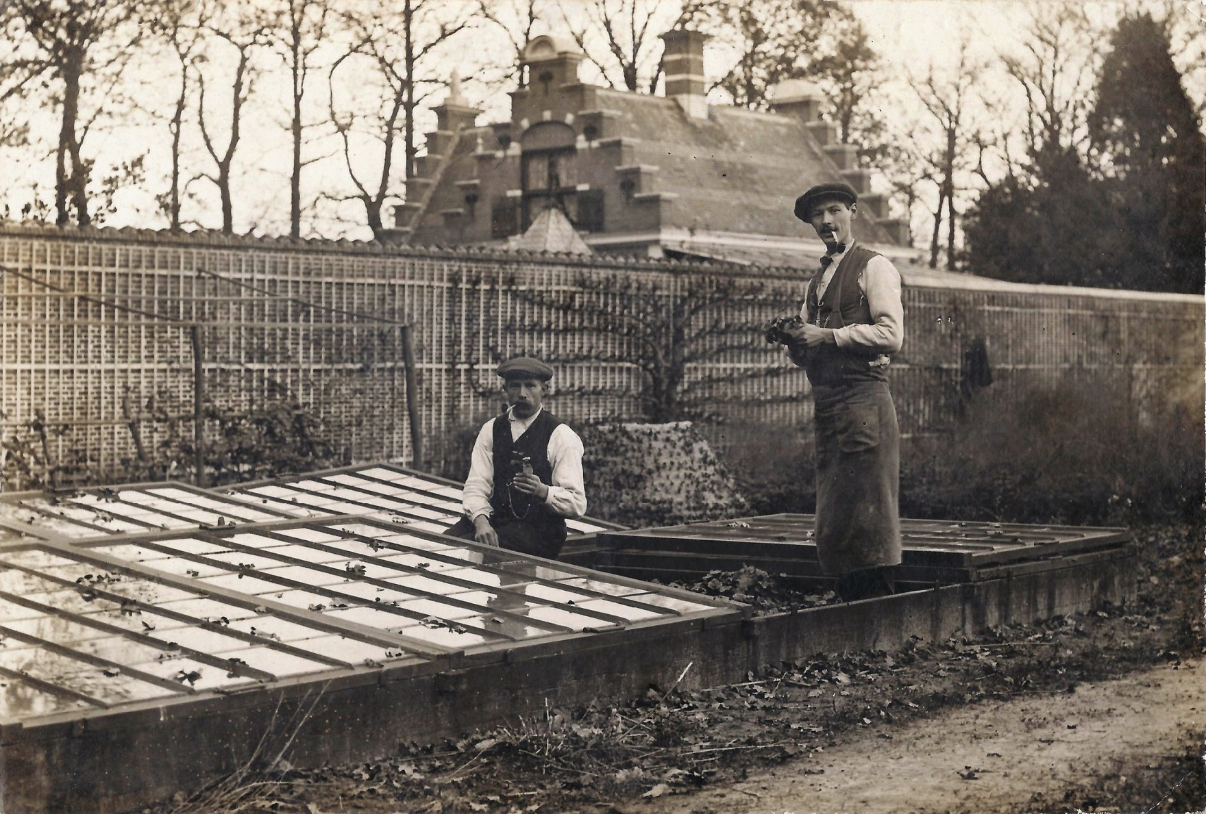 Kweekbakken in de Leidse tuin van kasteel Duivenvoorde. Zittend in het midden: tuinknecht Hendrik Oosterom. Een hedendaagse tuinbaas en kenner van leifruit noemt de vorm van de leifruitboom op de foto ‘super vakmanschap’. © particuliere collectie