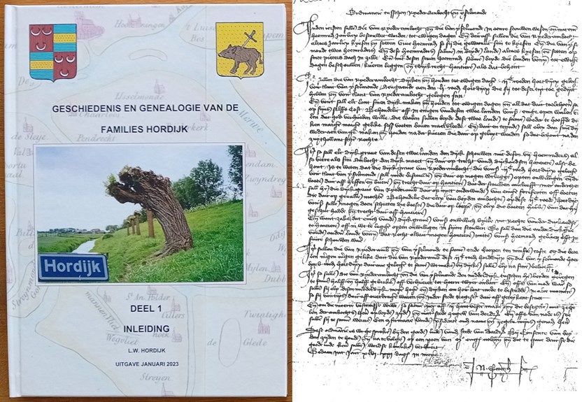 Links: Het eerste deel van de reeks boeken over de geschiedenis van de families Hordijk. Rechts: De akte uit 1446. Bron: L. W. Hordijk