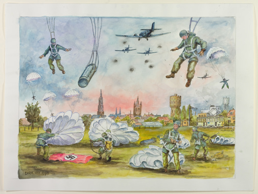 Duitse parachutisten landden op 10 mei 1940 in de weilanden rond Delft. Tekenaar: Dirk van Rijn.