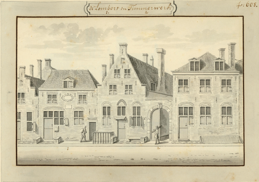 De Leenbank en de Stadstimmerwerf, omstreeks 1730 getekend door Abraham Rademaker (Collectie Erfgoed Delft)
