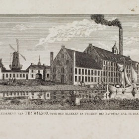 De katoenblekerij en – drukkerij van Thomas Wilson, 1840 (Noord-Hollands Archief). 