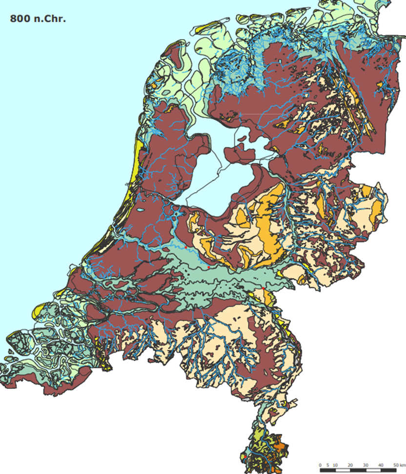 Een kaart Van Nederland waarop te zien is dat voornamelijk West-Nederland, Noord-Nederland, maar ook delen in Oost- en Zuid-Nederland, uit veen bestaat. 