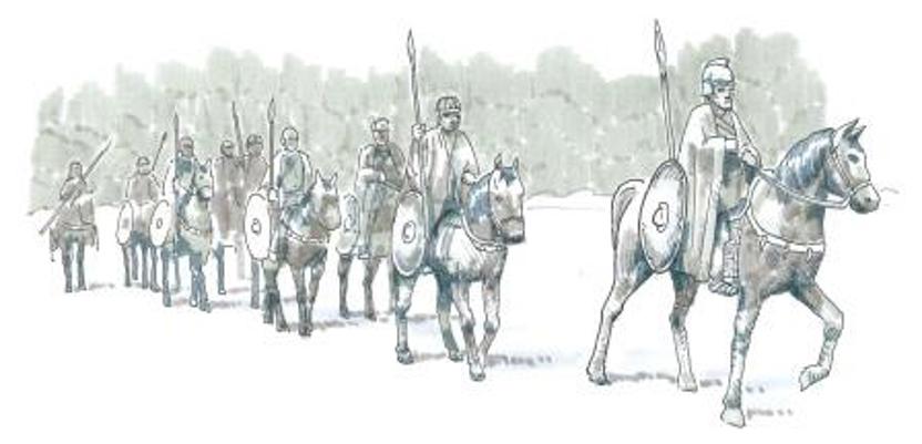 Over de aanwezigheid van het Romeinse leger in Nederland in de vierde eeuw is weinig bekend, zeker niet uit het westen. Historische bronnen zijn vaag, archeologische zijn zeldzaam. Van een permanente bezetting van de Rijngrens was toen geen sprake meer. Toch moet zich ooit een scene als deze hebben afgespeeld, toen de laatste troepen definitief uit het gebied wegtrokken. (Tekening: Martin Valkhoff)