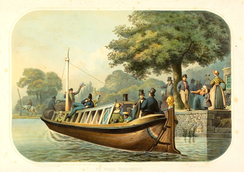 De Volkstrekschuit omstreeks 1850. Ook in de eerste jaren na de komst van de trein bleef de trekschuit nog voor velen een belangrijk vervoermiddel. (Collectie: Scheepvaartmuseum Amsterdam)