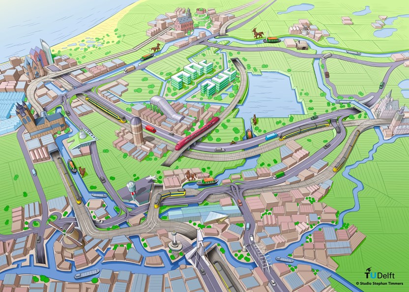 Afb. 4: Voorstel voor het Bentmeer (1) met de gedeeltelijk nieuwe verbinding met de Oude Rijn (2). Verder zijn te zien het sterk verstedelijkte karakter van het gebied, de vele vervoersinfrastructuur, de historische binnensteden en de trekvaarten daartussen.